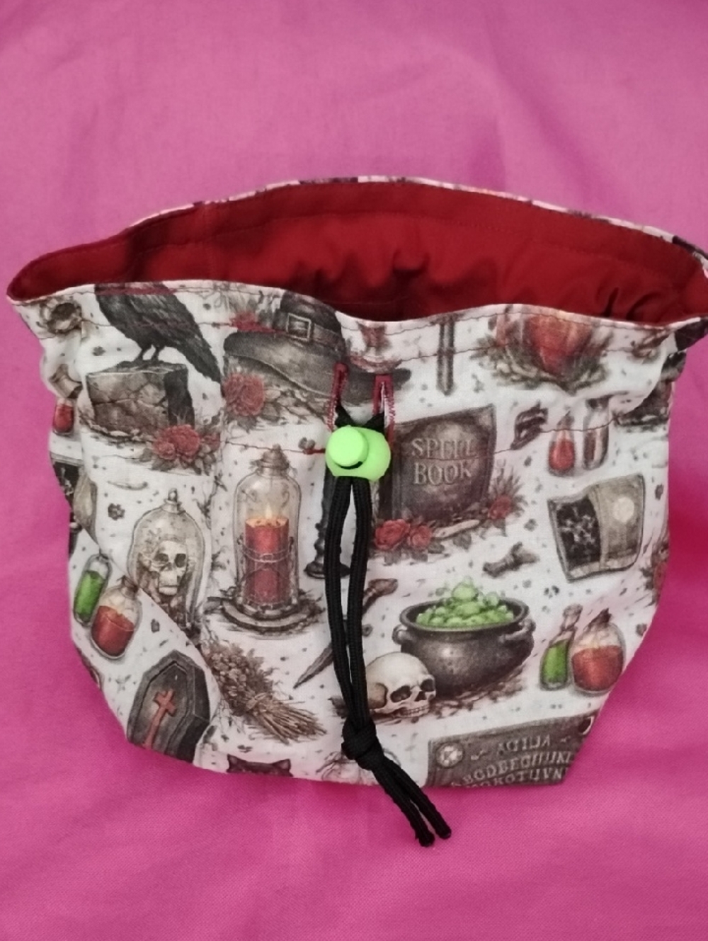 Spellbook Themed Fabric Drawstring Bag in Cream and Pink